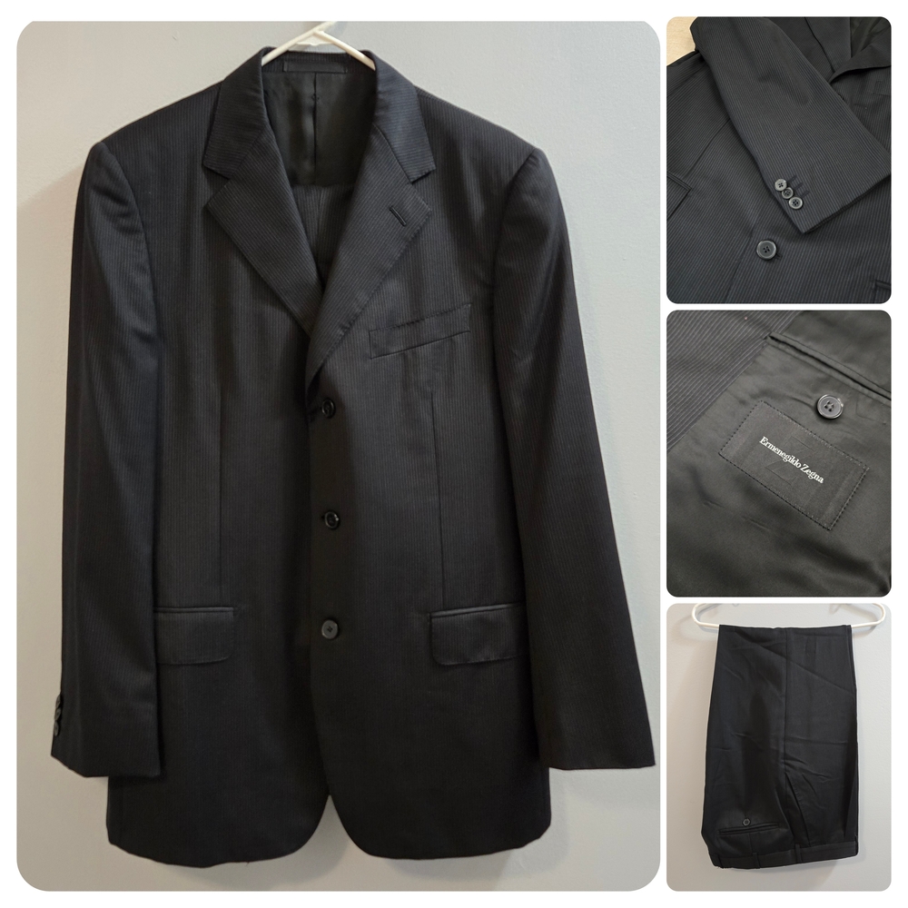ERMENEGILDO ZEGNA Mens Black Pinstriped 2 Piece Suit 40 R